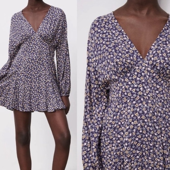 Zara Floral Print Purple V Neck Mini Dress - Picture 1 of 10